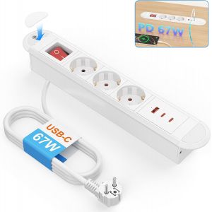 Multiprise Encastrée Bureau avec USB C PD 67W,Prise de Bureau Encastrable avec 2 USB C et USB A,Boîtier métallique,Blanc - Neuf