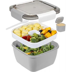 Bo&icirc;te &Agrave; D&eacute;jeuner Bento &Eacute;tanche Avec 1 Fourchette,R&eacute;cipient &Agrave; Salade De 1500 Ml Avec R&eacute;cipient &Agrave; Vinaigrette,3 Compartiments Pour L'&eacute;cole,Le Travail,Les Pique-Niques,Les Voyages - Neuf