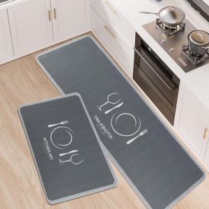 Sjzg-Tapis De Sol De Cuisine Antid&eacute;rapant Lavable, Ensemble De Tapis De Cuisine Absorbant 2 Pi&egrave;ces, 43x75 + 43x120cm Chaussures De Course De Cuisine, Gris - Neuf