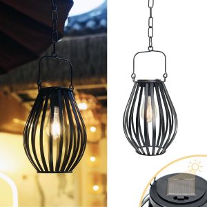 Lampe Suspendue Solaire En M&eacute;tal, Lanterne &Eacute;tanche Avec Cha&icirc;ne Et Crochet Pour Une Utilisation En Ext&eacute;rieur, D&eacute;cor De Lumi&egrave;re De Lanterne De Lampe Pour Patio Balcon Terrasse Jardin, Noir (L) - Neuf
