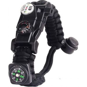 Bracelet Paracorde Survie Pour Homme Femme, Militaire Paracord Bracelet Kit Avec Flint + Boussole + Thermom&egrave;tre + Sifflet + Lumi&egrave;re Led Pour Ext&eacute;rieur, Randonneur, Baroudeur, Explorateurs (Noir) - Neuf