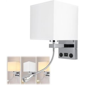Ulteronixshop-Applique Murale Led, Lampe De Lecture R&eacute;glable Avec Bras Articul&eacute; Et Port Usb, Abat-Jour Tissu De Lin Blanc E27 Nickel Satin&eacute; Pour Chambre Et H&ocirc;tel - Neuf