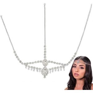 Kal-Chaîne De Tête Double Couche En Strass Argenté Avec Pendentif En Forme De Larme En Cristal Bijou De Tête Style Bohème Accessoire Pour Cheveux Pour Mariage Danse Du Ventre Cosplay - Neuf