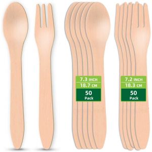 Checarzhn--No1-Lot De 100 Cuillères Et Fourchettes Jetables En Bois Pour 50 Invités, Couverts De Fête Respectueux De L'environnement Avec 50 Fourchettes En Bois + 50 Cuillères 50 Pièces, Couverts En - Neuf