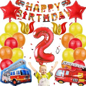 32 Pcs Fireman Birthday Decoration 2 Year Fireman Balloons Fire Truck Party Supplies For Boy Party Truck Decoration Birthday Balloon, School Party - Neuf
