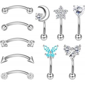10pcs 16g Rook Daith Boucles D'oreilles Pour Femmes En Acier Inoxydable Ventre Anneau De L&egrave;vres Cartilage Tragus Cz Corps Piercing Courbe Barbell Sourcils Anneaux 6-8mm - Neuf