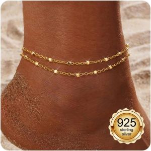 Kalanka-Bracelets De Cheville Pour Femme En Argent Sterling 925 Bracelets De Cheville Tendance Délicats Empilable Bracelet De Cheville Ajustable Corde Chaîne Perlée Pied Bijoux De Plage Pour Femme - Neuf