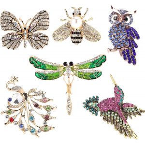Kjdal-Forme D'animal Cristal Broches,Costume Badge,Libellule Papillon Colibri Hibou Paon Abeille Broches,6 Pièces - Neuf