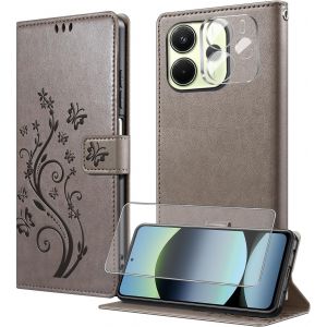 KALANKA-Coque pour Xiaomi Redmi Note 14 4G (EU Version) avec 1 Verre Tremp?,1 Protection Camera,?tuis Rabat [Housse en Cuir PU][Fentes pour Cartes][Pochette de Portefeuille][Stand Feature]- Gris - Neuf