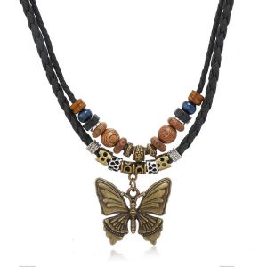 Collier Boh&egrave;me Pour Femme, Collier Papillon Vintage Ajustable En Perles De Bois, Maille Tress&eacute;e, Style Tribal, Bijou Noir - Neuf