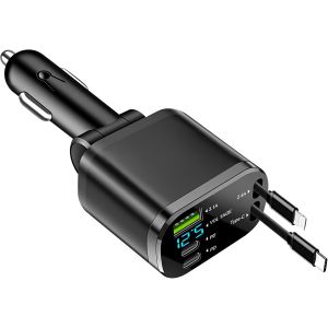 JGD-5-en-1 Chargeur Allume-Cigare Voiture USB-C R&eacute;tractable PD3.0 30W Charge Rapide Ports USB-A/USB-C 180&deg; R&eacute;glable 12V/24V pour iPhone 15/16/17 Samsung Galaxy S24/S25 & Plus (Mod&egrave;le 1) - Neuf