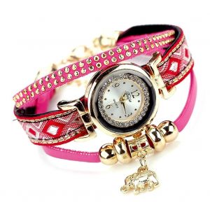 Duoya Femmes &Eacute;l&eacute;phant Pendentif D&eacute;coration Cadran Rond Bijoux Bracelet Montre-Bracelet Montre (Rose Rouge) - Neuf