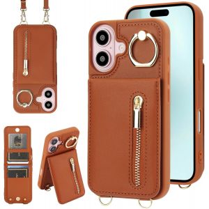 Maa-Coque Pour Iphone 16 Coque Etui Avec Sangle Réglable Portefeuille En Cuir Anti-Rfid Pochette Magnétique Flip Case Étui Cover Housse Protection Avec Anneau-Marron - Neuf