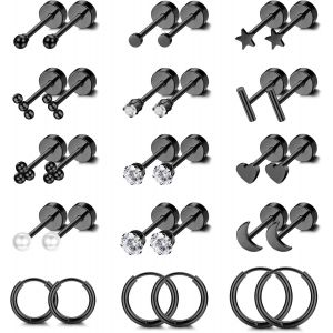15 Paires Boucles D'oreilles Femme Creoles Acier Inoxydable Boucles D'oreilles En Lune Et Étoiles Boucles D'oreilles Cartilage Piercing Oreille Noir Argent Or Piercing Tragus Helix - Neuf