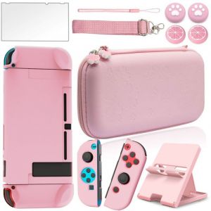 Étui De Transport Rose Pour Nintendo Switch - Pack D'accessoires Rose Avec Coque De Protection Rigide, Protection D'écran En Verre, Support Réglable Et Capuchons Pour Les Pouces - Neuf