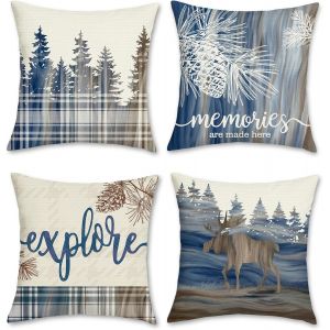 Slep-Housse De Coussin Hiver Pin Arbre 45 X 45 Cm Polyester Lin Cerf Marron D&eacute;coratif Taie D'oreiller Pour Canap&eacute; Salon Chambre Chaise Jardin Maison D&eacute;coration 4 Pi&egrave;ces - Neuf
