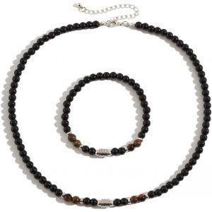 Kal-Ensemble De Cha&icirc;ne De Perles En Pierre D'oeil De Tigre, Ensemble De Bracelet De Collier De Perles En Pierre Naturelle Pour Hommes, Cha&icirc;ne De Bijoux De Mode, Nouvel Ensemble De Bijoux - Neuf