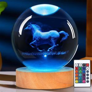 Boule De Cristal En Forme De Cheval - Veilleuse Pour Chambre D'enfant - Jolie D&eacute;coration De Chambre - Avec T&eacute;l&eacute;commande - 16 Couleurs - Intensit&eacute; Variable - Cadeau Pour Les Amateurs De Chevaux - Neuf