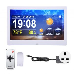 Horloge meteo Wi-Fi 10 pouces 100-240 V Blanc Date Heure Temperature Humidite Affichage couleur Reveil avec telecommande Prise en charge Photos Videos Musique Prise UK - Neuf