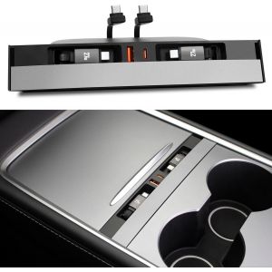 Hub Usb Pour Tesla Model 3 2021-2023 & Model Y 2021-2024 Avec Deux C&acirc;bles R&eacute;tractables De 27 W De Type C, Couvercle Coulissant, Console Centrale, Station D'Accueil, Accessoires D'Int&eacute;rieur - Neuf