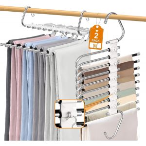 LETNERNY-Lot De 2 Cintre Pantalon, 9 En 1 Cintres Pantalons Antidérapant, Pliable Ceintre Pour Pantalons Gain De Place, Cintres Porte-Pantalons Pour Pantalons, Vêtements, Écharpes, Jupes - Neuf