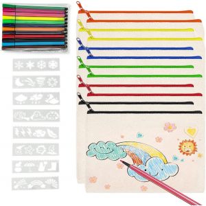 nzqaf-12 Pcs Pochette Tissu ZippéeTrousse a ColorierSac en Toile à Fermeture Éclair ColoréeLivré avec 12 Crayons Couleur et GabaritdessinConvient pour L'anniversaire des Enfants, L'école, Le Mariage - Neuf