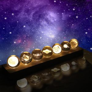 7 Pièces Boule De Cristal Système,Solaire Boule De Cristal Du Système Solaire Avec Base De Lampe Led Globe Lumineux Galaxie Système Solaire Enfant Usb Pour Mère Enfants Petite Amie (Couleur Chaude) - Neuf