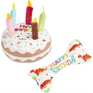 2 Pcs Plush Dog Birthday Cake Dog Birthday Cake with Candles,Squeaky Soft Plush Birthday Cake and Bone Toys for Pets - Neuf