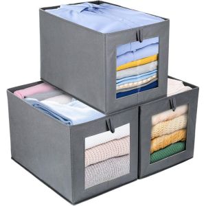 Yemaesre-Lot De 3 Boîtes De Rangement Pliables Avec Fenêtre Transparente, Organ Ur De Vêtements En Tissu, Boîtes De Rangement Avec Poignée Pour Armoire, Placard, Étagères, Rangement À La Maison - Neuf