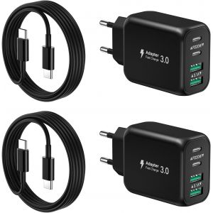 CMWX-[2 Paquets] Chargeur Mural USB-C, 40W 4Port QC+PD 3.0 Power Adapter, Dual Fast Wall Plug with 2M USB C to USB C Cable pour iPhone 15/15 Pro/15 Pro Max/15 Plus/14/13/12/11, Samsung Galaxy, Pixel- - Neuf