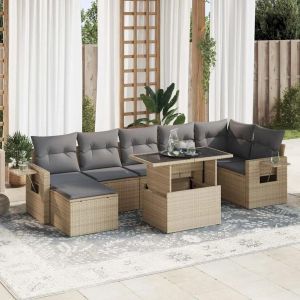 Salon De Jardin Avec Coussins 8 Pcs Beige Résine Tressée - Neuf