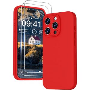 Kal-3 En 1 Coque Iphone 15 Pro Max Silicone Liquide - Avec 2 Verre Trempé - Étui Protection Précise De Caméra [Résistant Aux Rayures] [Antidérapant] Iphone 15 Pro Max Case 6.7"", Rouge - Neuf