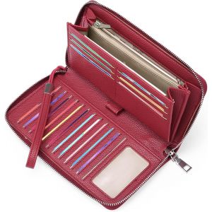 Portefeuille en cuir pour femme, grande capacité, porte-monnaie avec blocage RFID, 17 emplacements pour cartes et porte-chéquier, couleur bordeaux - Neuf