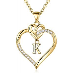 Coeur Collier Femme Or Argent, 14 Carats Plaqu&eacute; Or/Or Blanc Cha&icirc;ne Initiale Collier Femme Zircone Lettre Coeur Pendentif Collier Femme Cadeaux Femme Fille Amie M&egrave;re Bijoux Femme Fille Collier - Neuf