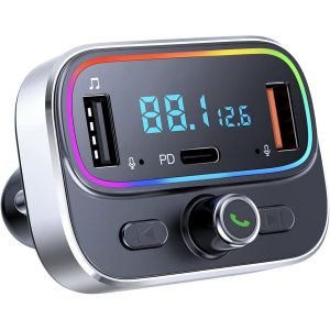 Transmetteur FM Bluetooth, Musique Bluetooth Voiture Kit Lecteur Mp3 Adaptateur, &eacute;metteur Voiture Chargeur Port PD USB 5V/2.4A, Appel Mains Libres Carte SD Allume Cigare Poste Radio Adaptateur - Neuf