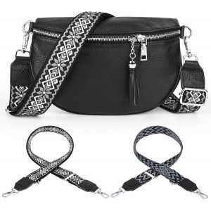 KALANKA-Sac banane en cuir pour femme - Petit sac à bandoulière pour femme - Sac à bandoulière en cuir véritable avec 2 larges bretelles - Porte-cartes pour les voyages, le shopping, le travail - Neuf