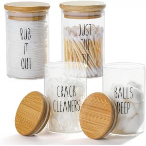 Qtip Lot De 4 Distributeurs Avec Couvercles En Bambou,Pot D'apothicaire En Verre Pour Boules De Coton Cotons-Tiges Fil Dentaire,Accessoires De Salle De Bain Avec Plateau Organisateur 280ml - Neuf