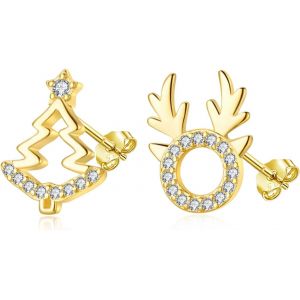 Chenquansarl-Boucles D'oreilles En Argent Sterling 925 - Boucles D'oreilles De No&euml;l Pour Femme - Flocon De Neige Et Sapin De No&euml;l Et &Eacute;lan Avec Zircone Blanche - Hypoallerg&eacute;niques - Pour Le Sommeil De - Neuf