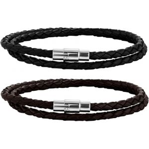 KAL-Bracelet En Cuir Tressé Avec Fermeture Magnétique Noir Marron (1 Paire) Longueur Au Choix - Neuf