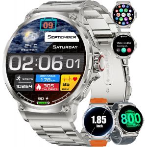 Montre Connectée Homme Avec Appel Bluetooth, 1,85'' Hd Grand Écran Smartwatch Pour Android Ios, Avec 3 Bracelets/Batterie 800mah, 24/7 Suivi De La Santé, 100+ Sportifs Podomètre Calories, Etanche 5at - Neuf