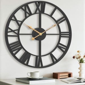 ChenQuanSarl-Grande Horloge Murale Moderne, 50 Cm Horloge Murale Noire Vintage Industrielle En Métal Brillant Avec Chiffres Romains Pour Salon, Bureau, Cuisine, Cheminée, Salle À Manger - Neuf