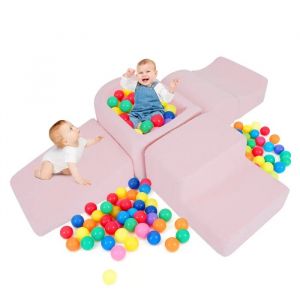 5PCS Blocs de Construction en Mousse COSTWAY avec Piscine &agrave; Balles, Housse en Sherpa Lavable pour Enfants 3 Ans+ Rose - Neuf