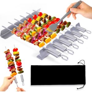 Lot de 6 brochettes de barbecue en acier inoxydable avec support Kabob, brochettes plates en m&eacute;tal s avec brosse &agrave; huile et sac de rangement, pour barbecue &agrave; gaz et charbon de bois - Neuf