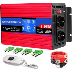1000w /2000w Convertisseur Pur Sinus 12v 220v/230v Transformateur -2 Prise EU de Courant Alternatif,1 Port USB,télécommande sans Fil et écran LCD, pour Voiture, Camping, Voyage - Neuf