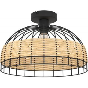 Subzonal-Plafonnier Anwick, Lampe De Plafond Vintage &Agrave; 1 Flamme, Style Boh&egrave;me, Lampe De S&eacute;jour En Acier Et Rotin Noir Et Naturel, Lampe De Cuisine Et Couloir Avec Douille E27 - Neuf
