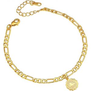 Kal-Femme Bracelet De Cheville Astrologique En Cuivre Plaqué Or Chaîne Figaro 4,5mm/22cm + Pendentif Rond Accessoire Du Pieds - Neuf
