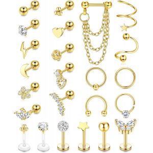 Kal-Pièces 16g Helix Piercing Oreille Argent Or Boucles D'oreilles Acier Chirurgical Boucles D'oreilles Cartilage Conquer Bijoux Nez Lèvres Ring Cz Labret Conch Tragus Piercing Set - Neuf