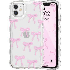 LORANKA-Etui pour iPhone 11, Coque Transparente pour Filles et Femmes avec N?ud Ruban et Vague Boucl&eacute;e, Housse N?ud Papillon Esth&eacute;tique Protectrice en Silicone Souple TPU Antichocs - Rose - Neuf