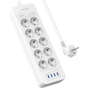 Multiprise 10 Prises avec 4 Ports USB Chargeur (5V3,1A/15,5W) Bloc Multiprises 16A avec Interrupteur Multiprises USB avec Cable 2m pour Smartphone, Maison, Bureau-Blanc - Neuf
