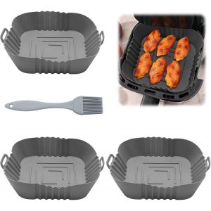 Lot De 3 Moules Silicone Air Fryer 20 Cm Carr&eacute;,Plat Silicone Avec Pinceau,Panier Moule Pliable Pour Friteuse Air,Micro-Ondes Et Four - Neuf